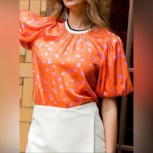 Golden Orange Pink Dots Trimmed Puff Sleeve Blouse